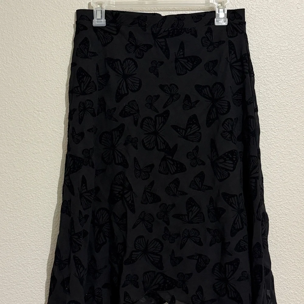 Cosmic Aura Black Butterfly Chiffon Hanky Hem Midi Skirt Romantic Gothic Vampy